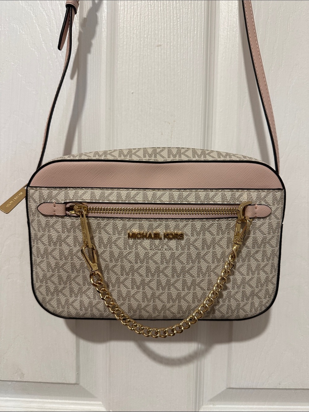 Michael Kors Pink and Vanilla MK Signature Crossbody with Gold Chain